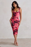 Lisbon Pink Printed Square Neck Ruched Midi Dress