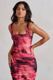Lisbon Pink Printed Square Neck Ruched Midi Dress