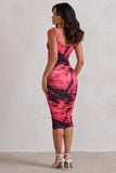 Lisbon Pink Printed Square Neck Ruched Midi Dress