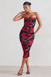 My Girl Black & Red Floral Print Bandeau Bodycon Ruched Mesh Midi Dress