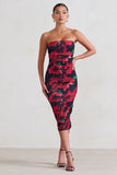 My Girl Black & Red Floral Print Bandeau Bodycon Ruched Mesh Midi Dress