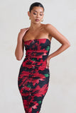My Girl Black & Red Floral Print Bandeau Bodycon Ruched Mesh Midi Dress