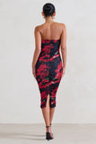 My Girl Black & Red Floral Print Bandeau Bodycon Ruched Mesh Midi Dress