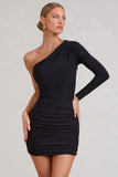 Invite Black Asymmetric One Shoulder Ruched Detail Mini Dress