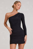 Invite Black Asymmetric One Shoulder Ruched Detail Mini Dress