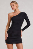 Invite Black Asymmetric One Shoulder Ruched Detail Mini Dress