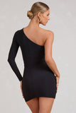 Invite Black Asymmetric One Shoulder Ruched Detail Mini Dress