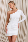 Invite White Asymmetric One Shoulder Ruched Detail Mini Dress