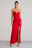Notes To Self Red Square Neck Thigh Split Maxi Dress