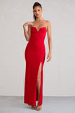 Notes To Self Red Square Neck Thigh Split Maxi Dress