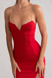 Notes To Self Red Square Neck Thigh Split Maxi Dress