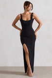 Kate Black Square Neck Maxi Dress with Plunge Back and Side Thigh Split