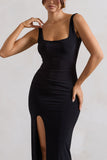 Kate Black Square Neck Maxi Dress with Plunge Back and Side Thigh Split