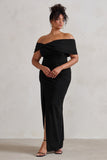 Eva Black Bardot Bow Detail Maxi Dress With Thigh Split
