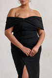 Eva Black Bardot Bow Detail Maxi Dress With Thigh Split