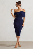 Alyssa Navy Bardot Bow Detail Midi Dress