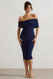 Alyssa Navy Bardot Bow Detail Midi Dress