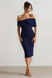 Alyssa Navy Bardot Bow Detail Midi Dress
