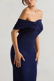 Alyssa Navy Bardot Bow Detail Midi Dress