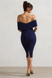 Alyssa Navy Bardot Bow Detail Midi Dress