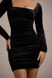 Muse Black Velvet Long Sleeve Square Neck Ruched Mini Dress