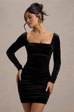 Muse Black Velvet Long Sleeve Square Neck Ruched Mini Dress