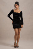 Muse Black Velvet Long Sleeve Square Neck Ruched Mini Dress