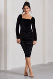 Seductress Black Velvet Square Neck Bodycon Midi Dress With Long Sleeves