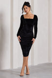 Seductress Black Velvet Square Neck Bodycon Midi Dress With Long Sleeves