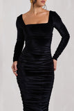 Seductress Black Velvet Square Neck Bodycon Midi Dress With Long Sleeves