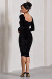 Seductress Black Velvet Square Neck Bodycon Midi Dress With Long Sleeves
