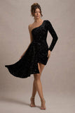 Lorena Black Sequin Velvet One Shoulder Mini Dress With Drape Detail