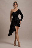 Lorena Black Sequin Velvet One Shoulder Mini Dress With Drape Detail