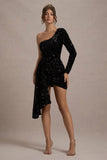 Lorena Black Sequin Velvet One Shoulder Mini Dress With Drape Detail