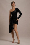 Lorena Black Sequin Velvet One Shoulder Mini Dress With Drape Detail