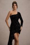 Lorena Black Sequin Velvet One Shoulder Mini Dress With Drape Detail