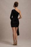 Lorena Black Sequin Velvet One Shoulder Mini Dress With Drape Detail