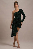 Lorena Bottle Green Sequin Velvet One Shoulder Mini Dress With Drape Detail