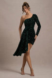Lorena Bottle Green Sequin Velvet One Shoulder Mini Dress With Drape Detail