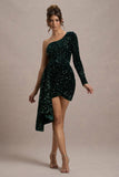 Lorena Bottle Green Sequin Velvet One Shoulder Mini Dress With Drape Detail