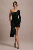 Lorena Bottle Green Sequin Velvet One Shoulder Mini Dress With Drape Detail