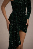 Lorena Bottle Green Sequin Velvet One Shoulder Mini Dress With Drape Detail