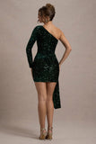 Lorena Bottle Green Sequin Velvet One Shoulder Mini Dress With Drape Detail