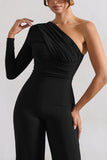 Mila Black One Shoulder Ruched Wide Leg Jumpsuit