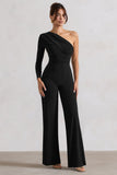 Mila Black One Shoulder Ruched Wide Leg Jumpsuit
