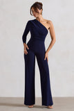 Mila Navy One Shoulder Ruched Wide Leg Jumpsuit