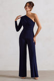 Mila Navy One Shoulder Ruched Wide Leg Jumpsuit