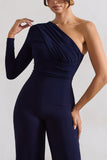 Mila Navy One Shoulder Ruched Wide Leg Jumpsuit