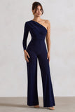 Mila Navy One Shoulder Ruched Wide Leg Jumpsuit