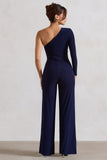 Mila Navy One Shoulder Ruched Wide Leg Jumpsuit